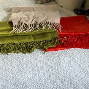 Bundle of Three Fringe Scarves in Cream, Olive Green, and Red